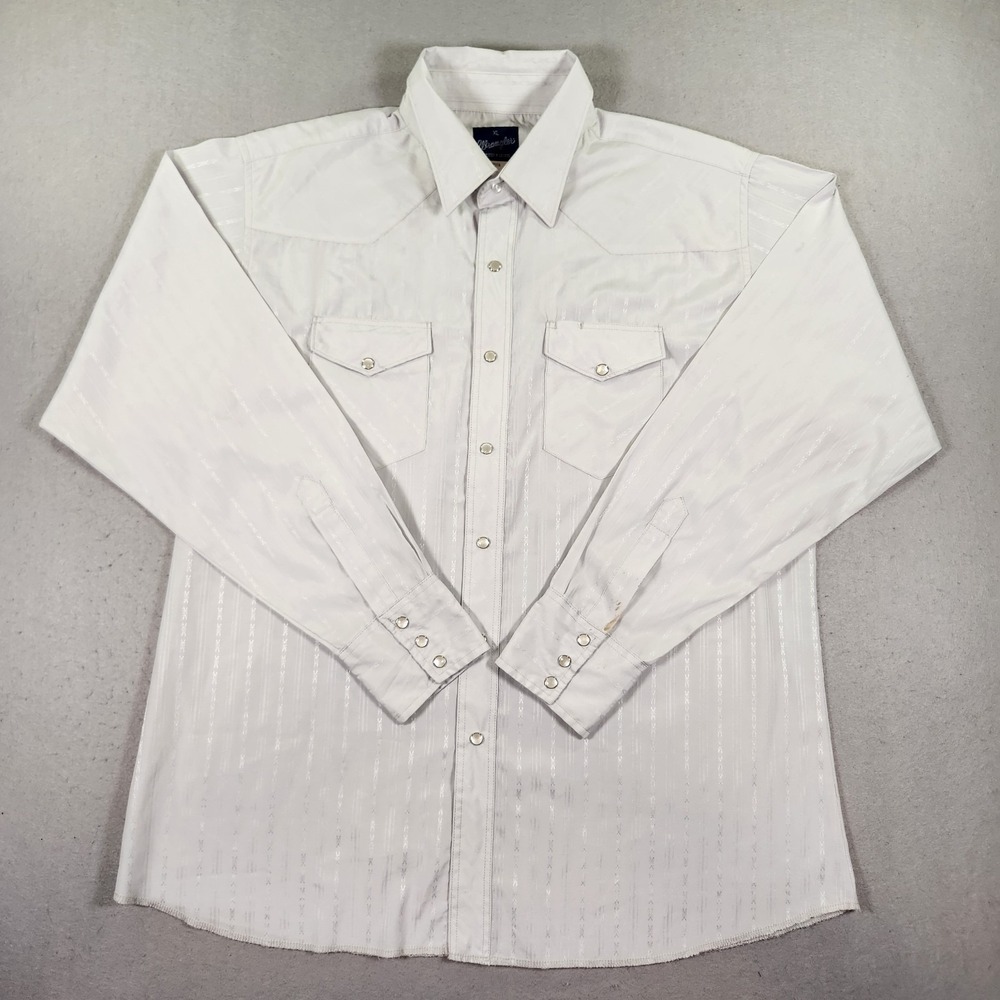 Wrangler Western White Dress Shirt Mens XL Long Sleeve Pearl Snap Stain